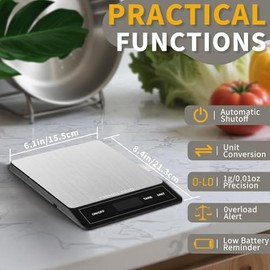 Food Scale - Rechargeable Digital Kitchen Scale 33lb, 1g/0.05oz Precision, Type-C, Stainless Steel, Grams/Ounces, LCD Display, for Cooking/Baking/Meal