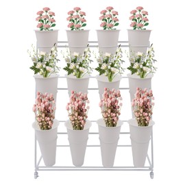 RustyVioum 3 Layers Metal Plant Stand, Indoor Outdoor Garden Flower Display Rack w/12*Buckets and Wheels for Patio Garden Living Room Florist Wedding Decorations, White…