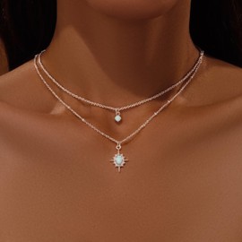Gold Diamond Necklaces for Women Simple Dainty Opal Layered 14K Gold Silver Plated Choker Chain Double Pendant Necklace Stack Trendy Prom CZ Jewelry Set Gifts for Women