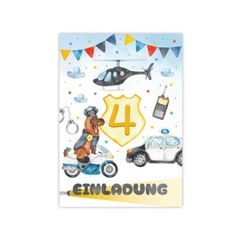 Minkocards 12 Invitation Cards with 12 Envelopes for 4th Children's Birthday Boy Police Detective Invitations for Fourth Birthday Children's Invitation Set