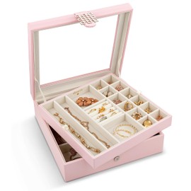 Glenor Co 28 Section Jewelry Box - 2 Layer & Buckle Magnet Closure - Large Glass Top - Leather Design - Soft Pink - Jewelry Organizer for Women & Girls - for Earring Ring Necklace & Bracelet