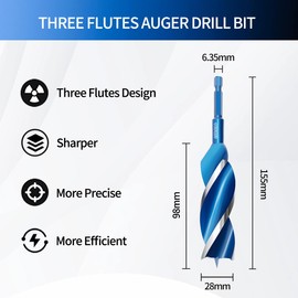 Teronbeta Wood Drill Bit 28mm x 155mm Professional 1/4 Inch Hex Shank Brad Point Auger Drill Bits for Wood
