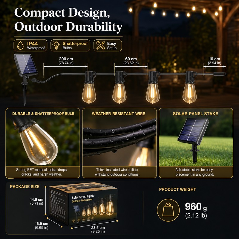 Solar String Lights for Outdoor Décor – Shatterproof Waterproof Patio