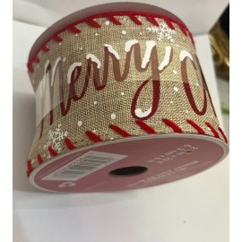 Celebrate It 2.5”x 20ft Wired Edge Ribbon. Merry Christmas Red On Tan. White Snowflakes
