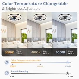LEDIARY 20" Modern Ceiling Fans with Lights and Remote, Dimmable Low Profile Ceiling Fan, Flush Mount Bladeless Ceiling Fan, Stepless Color Temperature Change and 6 Speeds - Black