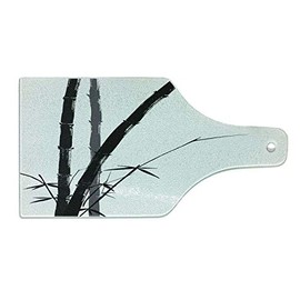 Ambesonne Exotic Cutting Board, Watercolor Japanese Ink Art Look Ornaments of Boho Concept Branches, Decorative Tempered Glass Cutting and Serving Board, Wine Bottle Shape, Charcoal Grey and White