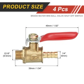sourcing map 4Pcs Brass Water Mini Ball Valve Shut Off Switch, G1/8" Male x 1/4" Hose Barb, 180 Degree Operation Handle, Brass Valve