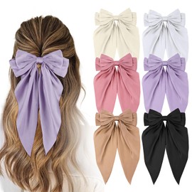 6Pcs Silky Satin Bows, Large Hair Bows for Women, Cute Bow Clips for Thick Thin Hair Accessories (White, Champagne, Beige, Pink, Purple, Black)