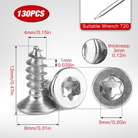 Pack of 130 Self Tapping Torx Screws, M4 x 12 mm Torx Screws with Flat Head, Stainless Steel 304 Wood Screws for DIY, Carpenters or Fasteners such as Furniture, Technology (TX20)