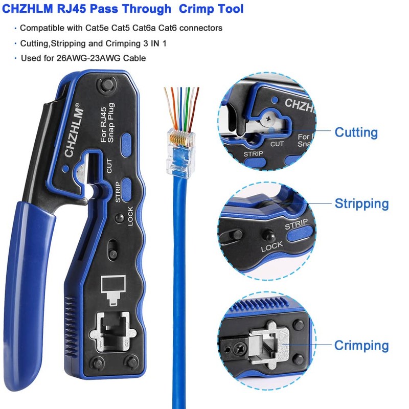 CHZHLM RJ45 Crimping Tool Kit Pass Through Crimper Stripper Cutter