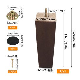 Zythrem Wooden Furniture Legs 15cm Walnut Wood Sofa Legs set of 4 Chair Legs Table Legs Cabinets Legs Square Furniture Replacement Feet with Mounting Plates Screws Protection Pad for Couch Bed Sofa
