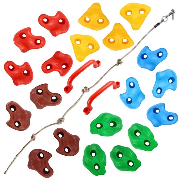 TOPNEW 20 PCS Rock Climbing Holds for Kids, Rock Wall Holds with 9.8 Ft Climbing Rope and 2 Handles, Rock Wall Climbing Kit for Indoor and Outdoor Playset - Includes 2 Inch Mounting Hardware