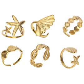 Mikovivi 6pcs Gold Seashell Starfish Ring Set for Women, Stainless Steel Beach Sea Jewelry with Shell Wave Design Adjustable Stackable Ocean-Themed Accessories for Summer Daily Wear
