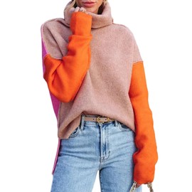 Dokotoo Winter Clothes for Women 2024 Trendy Fall Fashion Color Block Long Sleeve Turtleneck Jumper Side Slit Loose Fit Casual Batwing Sleeve Chunky Pullover Knit Sweater Tops Khaki X-Large