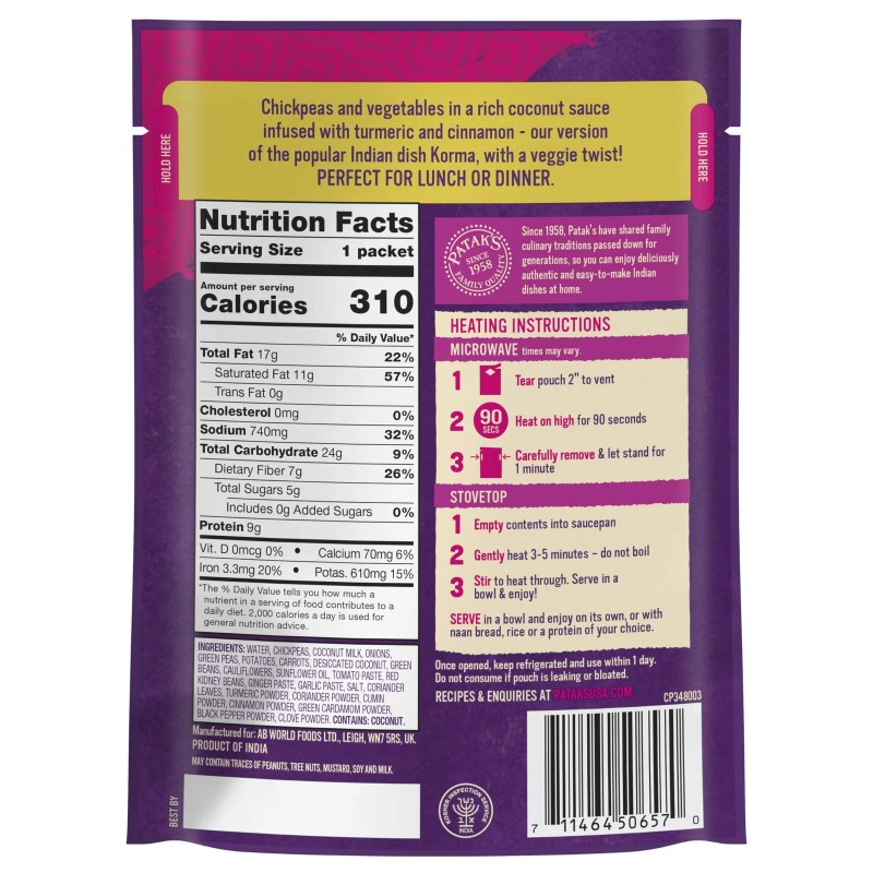 Patak's Ready To Eat Chickpea Veggie Korma 10.05 Oz Pack