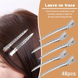 48 Pcs Pin Cur-l Clips, Silver Metal Hair Clips, 3.5 Inch Alligator Cur-l Clip with Holes for Hair Styling, Coloring, Metal Duck Billed Pins Silver for Styling Sectioning