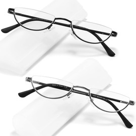 TOVEEN 2 Pack Half Lens Reading Glasses Blue Light Blocking, Half Moon Frame Semi Rim Spring Hinge Readers with Case for Men Women Black/Gunmetal +4.0