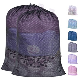 Polecasa Heavy Duty Extra Large Mesh Laundry Bags with ID Tag and Locking Drawstring Closure - 2 Pack, 30 x 36 inches - Laundry Hamper Liner, Washable Laundry Bag for Travel, Sports, Dorms (Black)