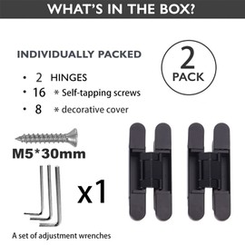 Pacify 2 Set 6" Hidden Door Hinges Upgraded Invisible Door Hinge Heavy Duty Concealed Hinges Adjustable 180 Degree Swing Outswing 3D Hinges with Capacity up to 88lb (2 Pack Black-6Inches)