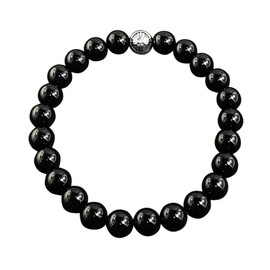 Forziani Natural Black Onyx Beaded Bracelet with Trident Logo - Prosperity and Peace - Adjustable Size - Genuine 8mm Black Gemstone Beads Bracelet Unisex Men Women - Made in USA - Great Gift