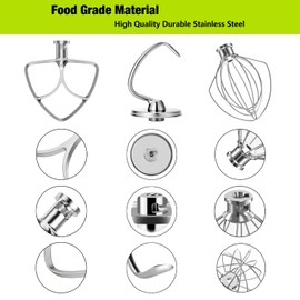 Stainless Steel Stand Mixer Attachments 3-Piece for KitchenAid 4.5-5 Qt Tilt Head Stand Mixer. Includes 6 Wire Whisk, Flat Beater, Dough Hook for KitchenAid 4.5-5 Qt Mixer Bowl