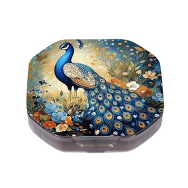 Portable pill box peacock pattern 4 grid pill box, travel small pill dispenser for travel and daily use