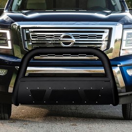 TLAPS 7422441780779 Compatible with 2016-2024 Titan XD Matte Black Studded Mesh Style Bull Bar Guard with Skid Plate