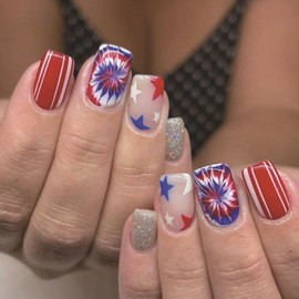 4th of July Press on Nails Short Square OFDNE Fake Nails False Nails with Designs Silver Glitter Stars Glossy Glue on Nails Stick on Nails White Blue Red Acrylic Nails for Women Girls 24 Pcs