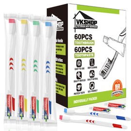 VKshop Bulk Disposable Toothbrush with Toothpaste, 60PS Individually Wrapped Travel Toothbrush Sets，Soft Toothbrushes Perfect for Homeless, Travel, Hotels, Charities, Dentists（White,Toothpaste 5g）