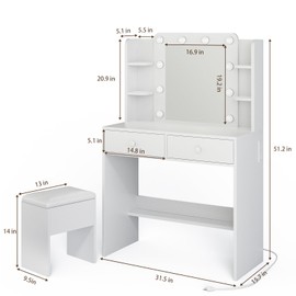 Haewon White Vanity Desk with Mirror, 10 LED Lights and Power Outlets, Makeup Vanity Mirror with 3 Lighting Color Adjustable, Dressing Table Set with Drawers Shelves Storage Chair for Bedroom