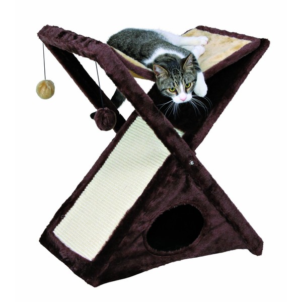 TRIXIE Miguel Fold and Store Cat Hammock | Dangling Pom Poms | Scratching Pad | Cat Cave, Brown, 20.25 x 13.75 x 25.5 inches