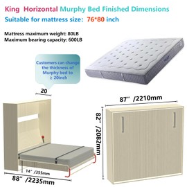 Tlongxia Murphy Bed Kit DIY Hardware with Coarse Gas Bumper Spring Frame Mattress Concealed for Semi-Automatic Foldable Cabinet Closet Bed Room Study Easy to Install (Horizontal, King)