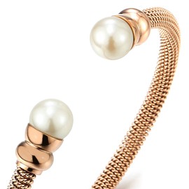 COOLSTEELANDBEYOND Elastic Adjustable Women Stainless Steel Rose Gold Cable Cuff Bangle Bracelet with White Pearl(CA)