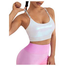 OYOANGLE Women's Metallic Sports Bra Letter Graphic Print Racer Back Padded Yoga Gym Workout Bras, White, Large