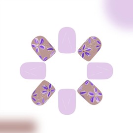 Flower Press on Nails Short Square Fake Nails Spring Nails Press Ons with Glitter Design Acrylic Nails Glossy Purple False Nails Full Cover Floral Stick on Nails for Women 24PCS