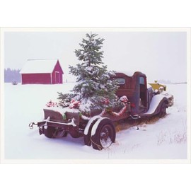 Palm Press Snow Covered Evergreen Tree on Vintage Truck Near Red Barn Christmas Card