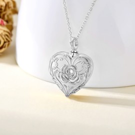 SOULMEET White Gold Plated Flower Rose Cremation Jewelry for Ashes, Heart Rose Urn Necklace that Holds Human Dog Cat Ashes, Carry Memorial Jewelry to Keep Someone Always with You