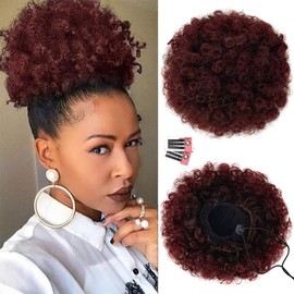 rosmile Afro Puff Drawstring Ponytail Extension for Black Women, Premium Ombre Red #1T99J 80 Gram Short Synthetic Afro Puff Ponytail for Natural Hair, Clip On Kinky Drawstring Curly Ponytail Bun