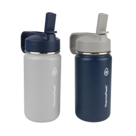 ThermoFlask Kids Bottle with Straw Lid - Durable & Dishwasher-Safe Water Bottles & Lids - Leak-Proof Bottle Lid Design - Reusable Water Bottles for Everyday Use - 14 oz, Harbor Grey/Denim (2 Pack)