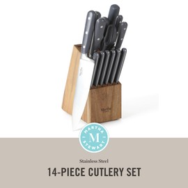 MARTHA STEWART Eastwalk 14 Piece High Carbon Stainless Steel Cutlery Knife Block Set w/ABS Triple Riveted Forged Handle Acacia Wood Block - Gray