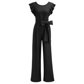 Knitee Women's Vintage Sleeveless Ruffle High Waist Wide Leg Romper Formal Long Jumpsuit with Belt, Black, Large