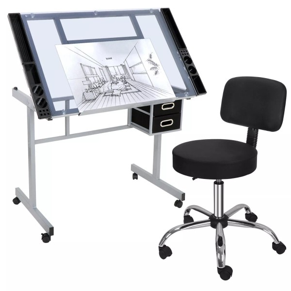SEGAWE Drawing Desk Drafting Table Glass Top + Adjustable Hydraulic