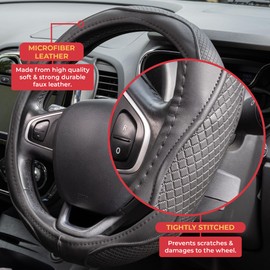 GADLANE Microfibre Leather Steering Wheel Cover Universal Soft Anti-Slip Breathable Car Steering Wheel Size M 37-38cm - No Stitching Needed - Black