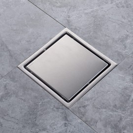 SISEHO Brushed Nickel Shower Drain 4 Inch Square for Bathroom Invisible Inlay Tile Square Plate Cover Adjustable Flange Kit, Sus304 Stainless Steel