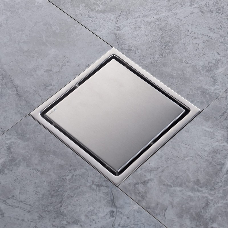 SISEHO Brushed Nickel Shower Drain 4 Inch Square for Bathroom