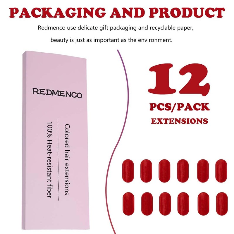 Colored Hair Extensions Clip In, 12 Pieces, Red