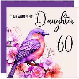 60th Daughter Birthday Card - Purple Watercolour Bird Daughters Birthday Card for 60 Year old Sixty Sixtieth