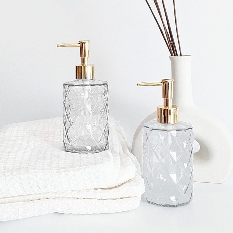 Clear Glass Soap Dispenser with Gold Plastic Pump, 2 Pack