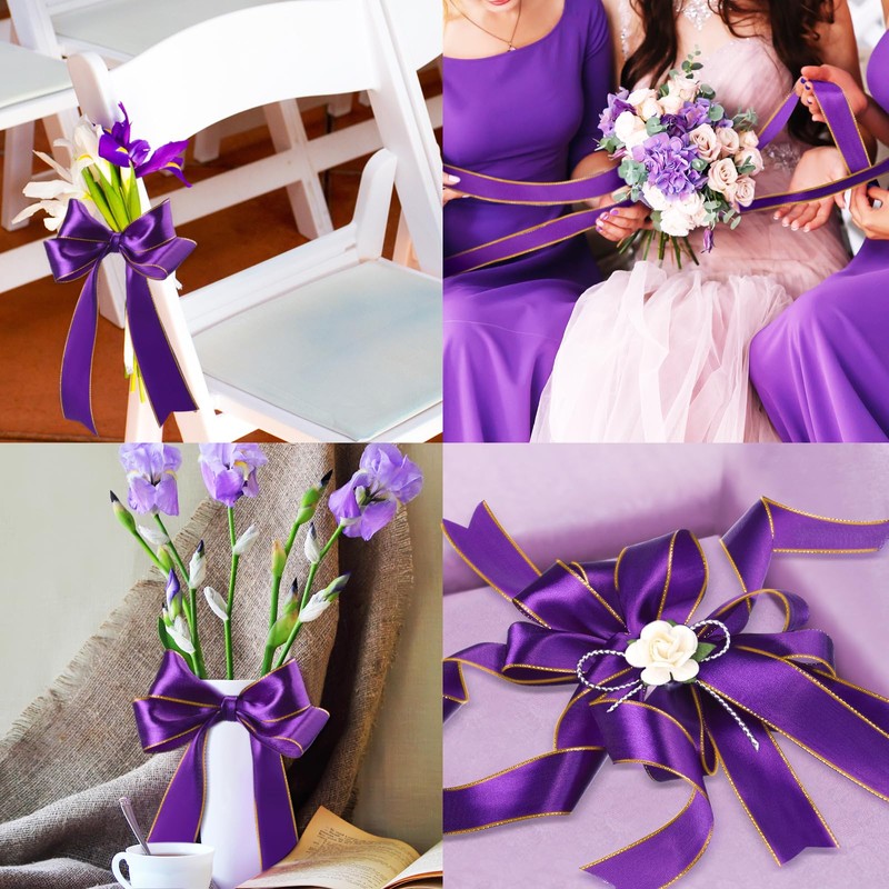 Lyrow 100 Yards Purple Satin Ribbon with Gold Edges 1.5