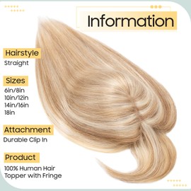 S-noilite Human Hair Toppers With Bang for Thinning Hair Women Real Hair Topper Clip In Hair Extensions 100% Remy Real Human Hair 48g（#12/613 Golden Brown and Bleach Blonde, 16 Inch)